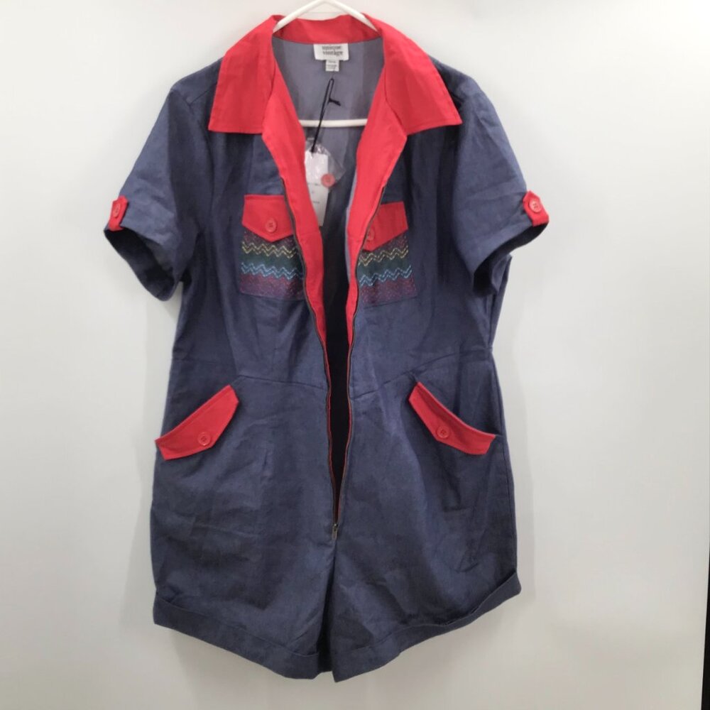 Dopamine Retro Denim Romper Women's 2X Rainbow LGBTQ+ Pride Red Contrast Cuffs - Picture 3 of 12